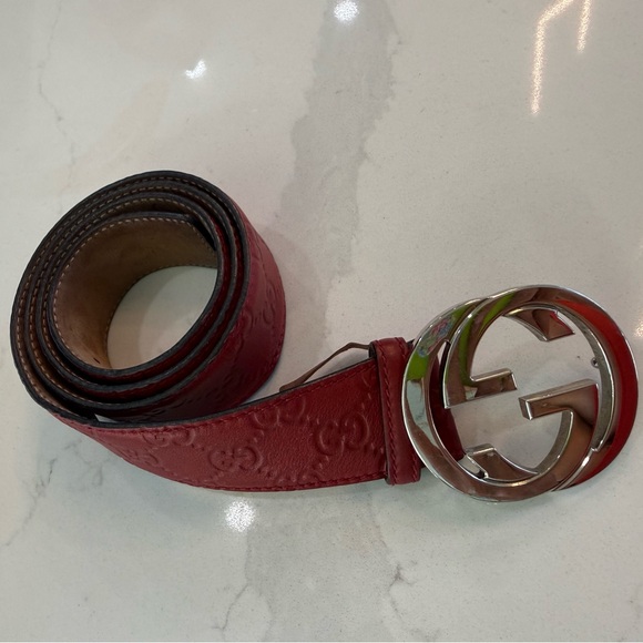 Gucci Red Leather Belt with Silver Buckle